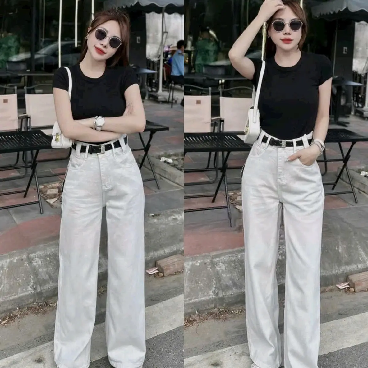 HD3141 Quần jeans trắng mới phom suônh vải dày mềm mịn lưng cao sẵn suông nấm và suông thường