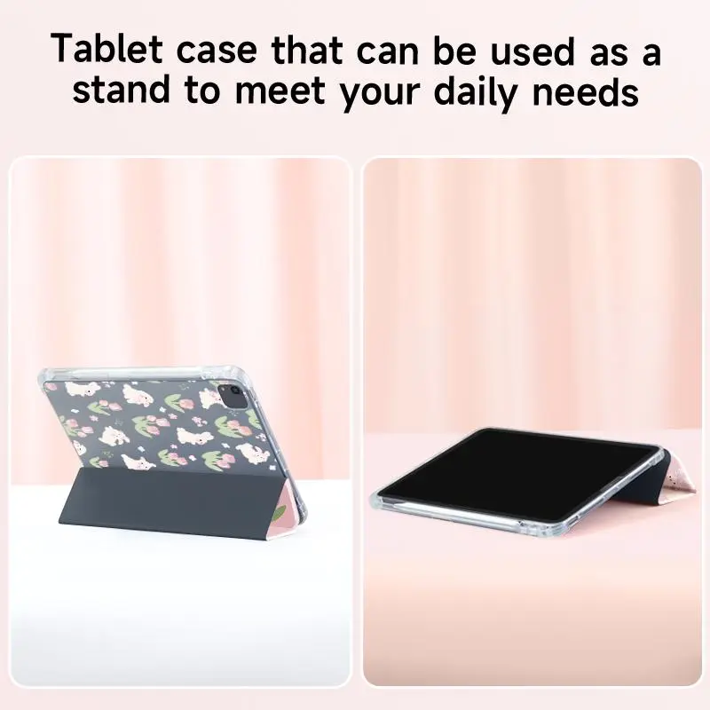 Cute Rabbit & Flower Pattern Tablet Case, Tri-fold Stand Tablet Protective Cover, Soft TPU Tablet Protector for iPad 7