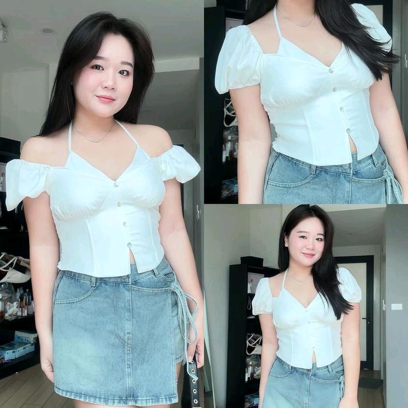 Áo croptop Bigsize cổ yếm tay phồng cột dây siêu xinh L018