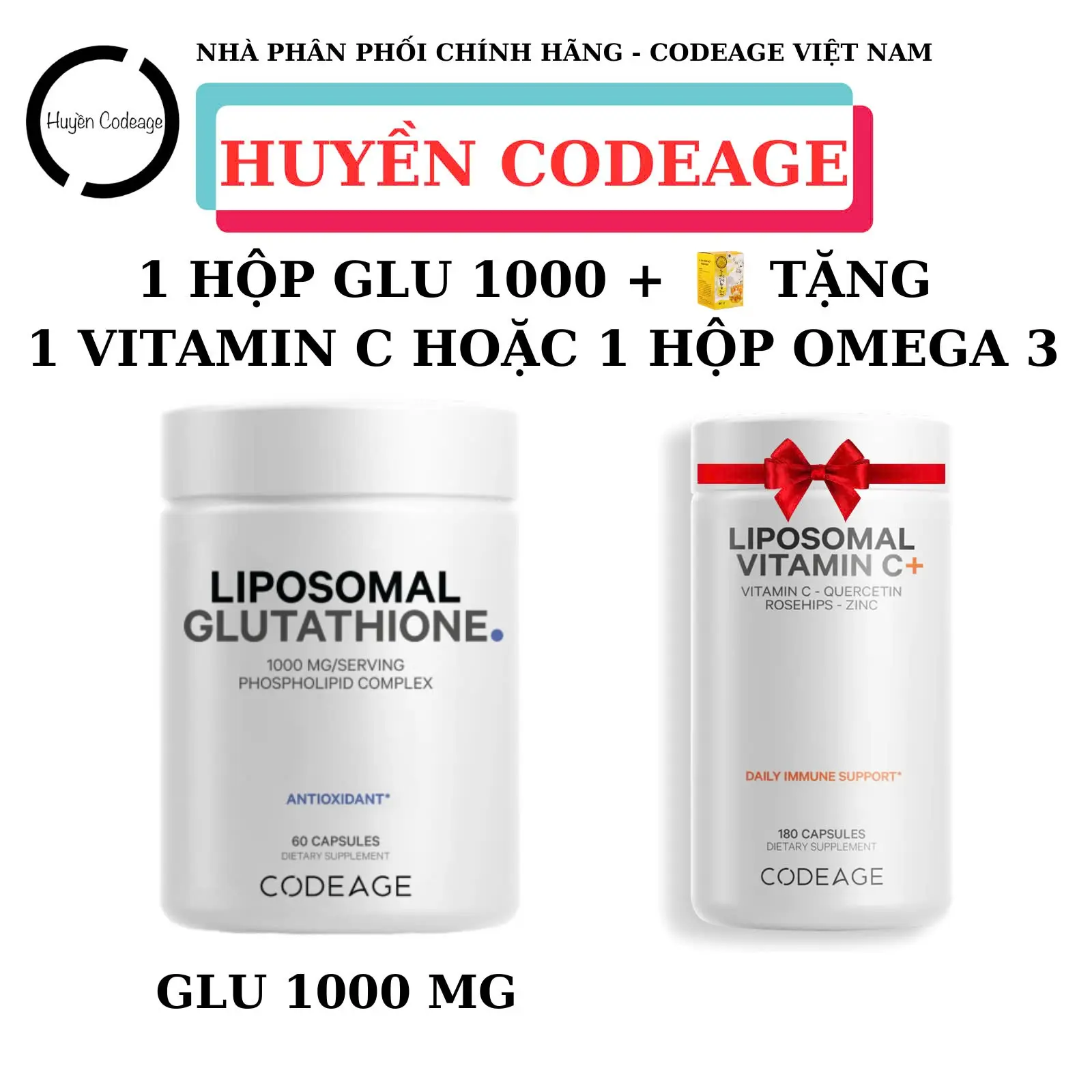 ( GLU 1000 ) 1 Hộp Liposomal Glutathione Codeage 1000mg ( tặng VITAMIN C hoặc Omega 3 Codeage) hỗ trợ sức khoẻ - Huyền Codeage
