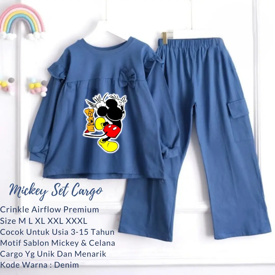 Setelan Cargo Mickey Viral Stelan Anak Crinkle Airflow Ukuran 3 Sampai 15 Tahun Size M L XL XXL XXXL Mickey Set Cargo Fashion