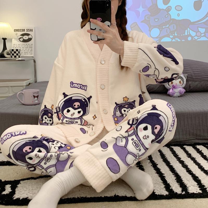   L01  Bộ đồ ngủ pijama lông cừu nhung san hô họa tiết hoạt hình dễ thương *Freeship* Nữ Women Quần Ngủ Nho Áo Ngủ 