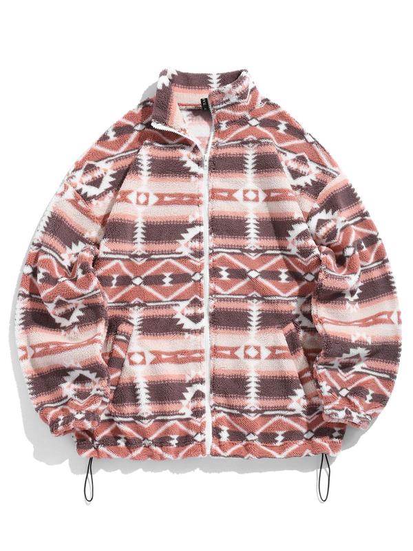 Women's Vintage Ethnic Pattern Drawstring Zip Up Coat, Fashion Cozy Drop Shoulder Long Sleeve Full Zip-up Teddy Outerwear, Trendy Women's Clothes, Y2k Workwear Outfits Streetwear, Balkan School Outfits, Ethnic Clothing UK 4