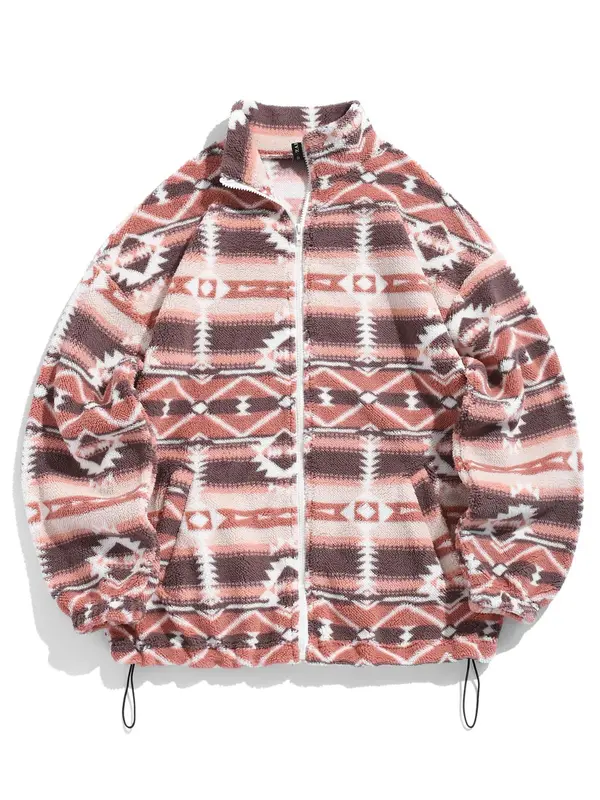 Women's Vintage Ethnic Pattern Drawstring Zip Up Coat, Fashion Cozy Drop Shoulder Long Sleeve Full Zip-up Teddy Outerwear, Trendy Women's Clothes, Y2k Workwear Outfits Streetwear, Balkan School Outfits, Ethnic Clothing UK 4