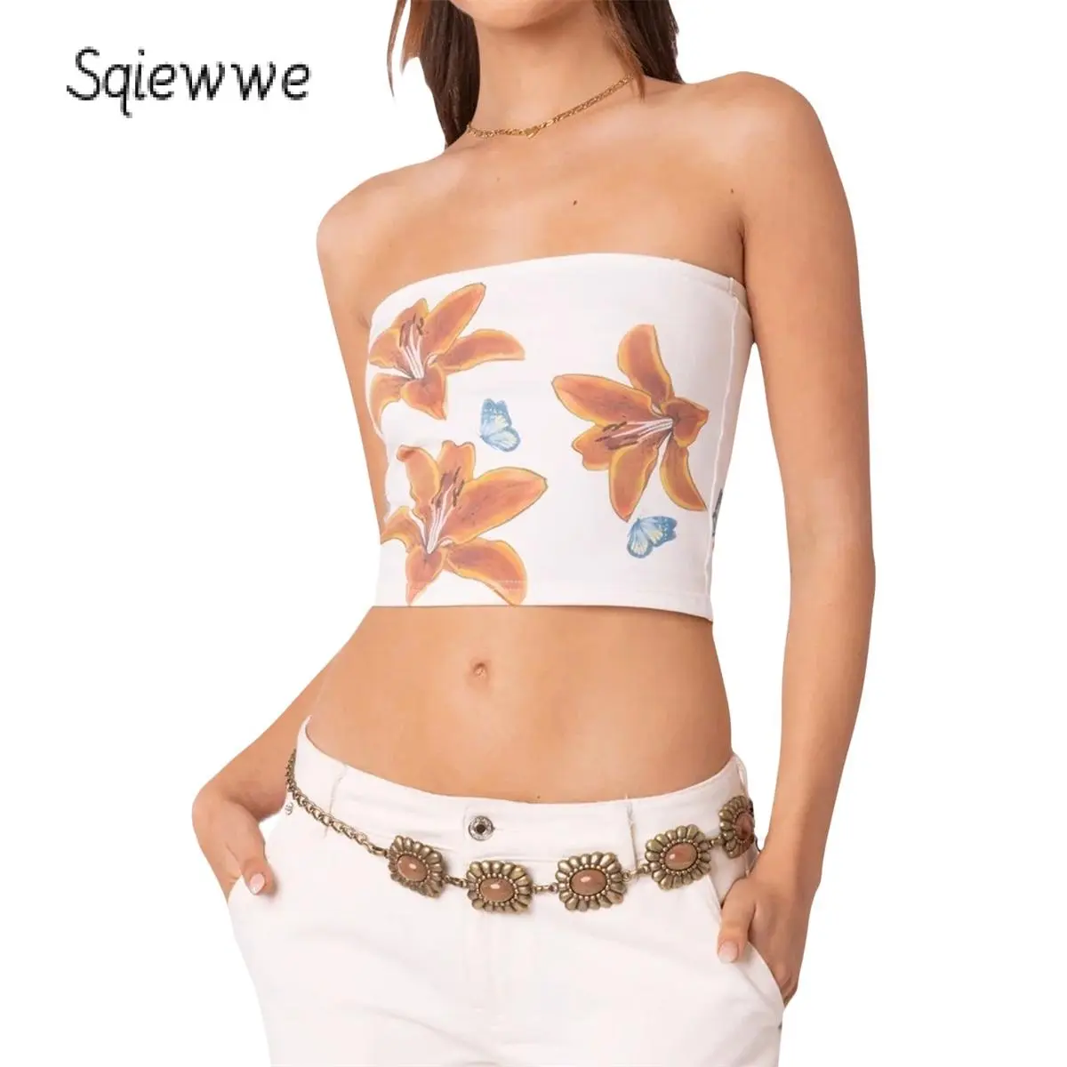 Women´s Summer Fitted Tube Tops Sleeveless Off Shoulder Floral Print Going Out Tops