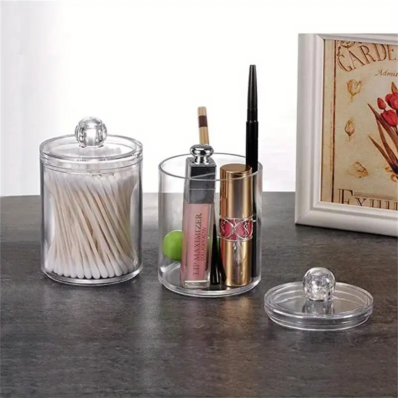 Cotton Swab Storage Box with Lid, 1/2 Counts Transparent Round Dental Floss Organizer, Compressed Towel Storage Box, Vanity Table Clean Container 4