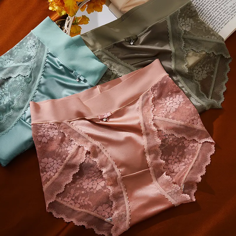 Lace Edge Semi-Permeable High Fork Mid Waist Traceless Antibacterial Cotton Crotch Briefs