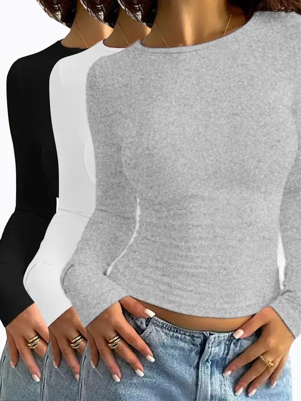 Women's Solid Long Sleeve Round Neck Tee, Casual Minimalist Basic T-shirt for Daily Wear, Ladies Clothes for All Seasons, Cute Tops, Women's T Shirts 0