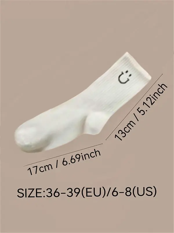 Random Women's Smile Face Print Mid-calf Socks, Casual Comfortable Breathable Socks for Daily Wear, Women's Socks for All Seasons 1