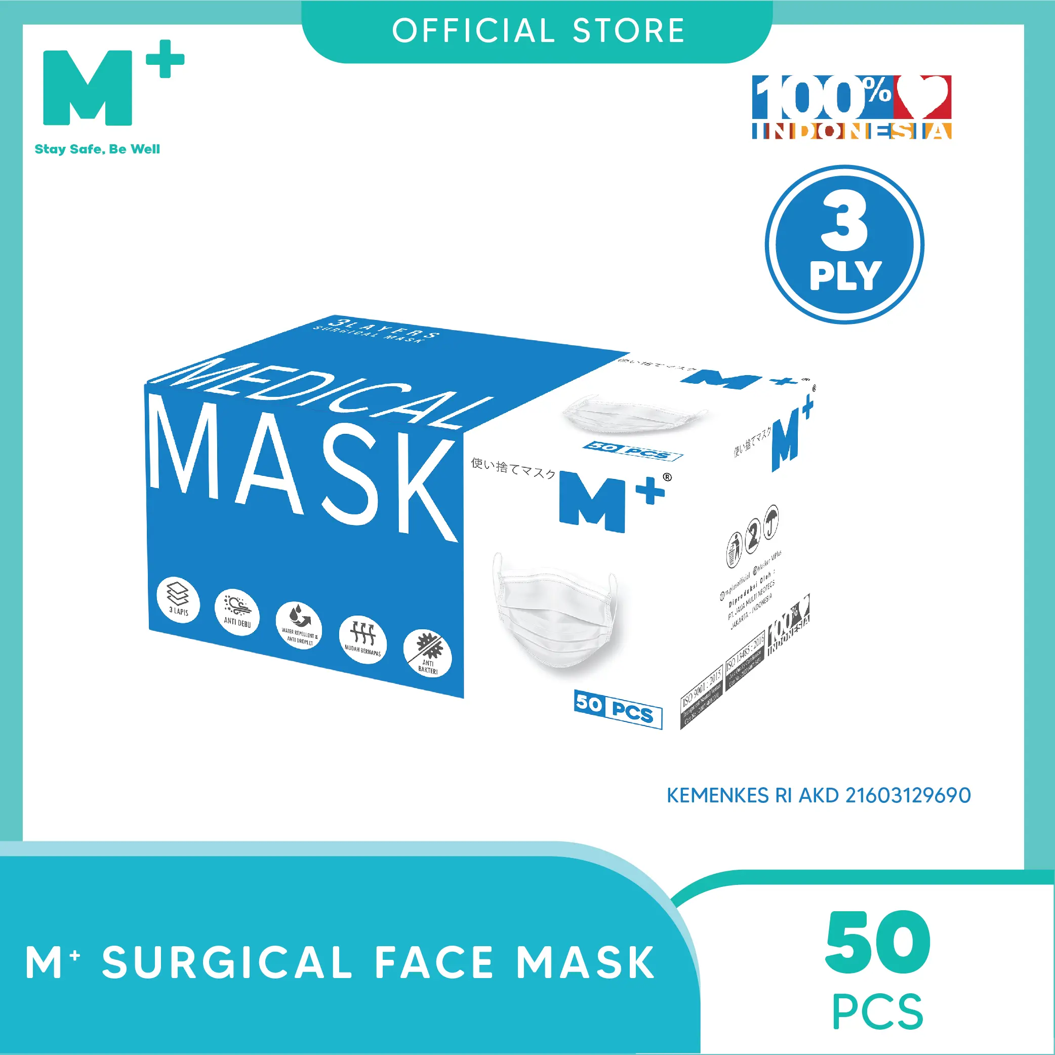 Masker Medis Earloop M+ 3 Ply - Surgical Mask Isi 50 Pcs Putih Harga Kuat