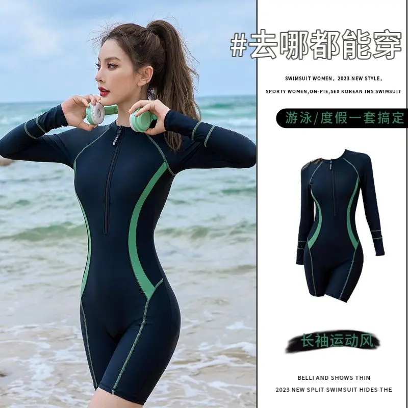 [1765 Positive Reviews] Women's Conservative One-Piece Swimsuit 2023 New Hot Style Long Sleeve Sun Protection Surfing Swimming Pool Special Hot Spring Swimwear