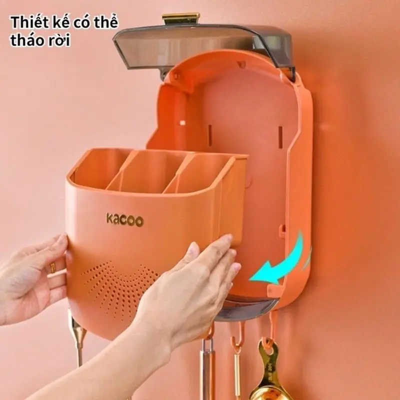 Hộp đựnġ Đũa Muỗng Treo Tường Có Khay Đỡ Nước - Ống đựnġ đũa gắn tường có nắp đậy - Bảo vệ thìa đũa muỗng khỏi bụi bẩn, côn trùnġ - kícḣ thước: 31x20x8 cm - Kitchen 6