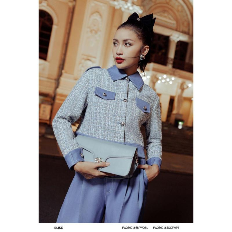 Áo khoác dạ tweed HT xanh phối viền Thiết kế Elise mã FW2307165OCTWPT