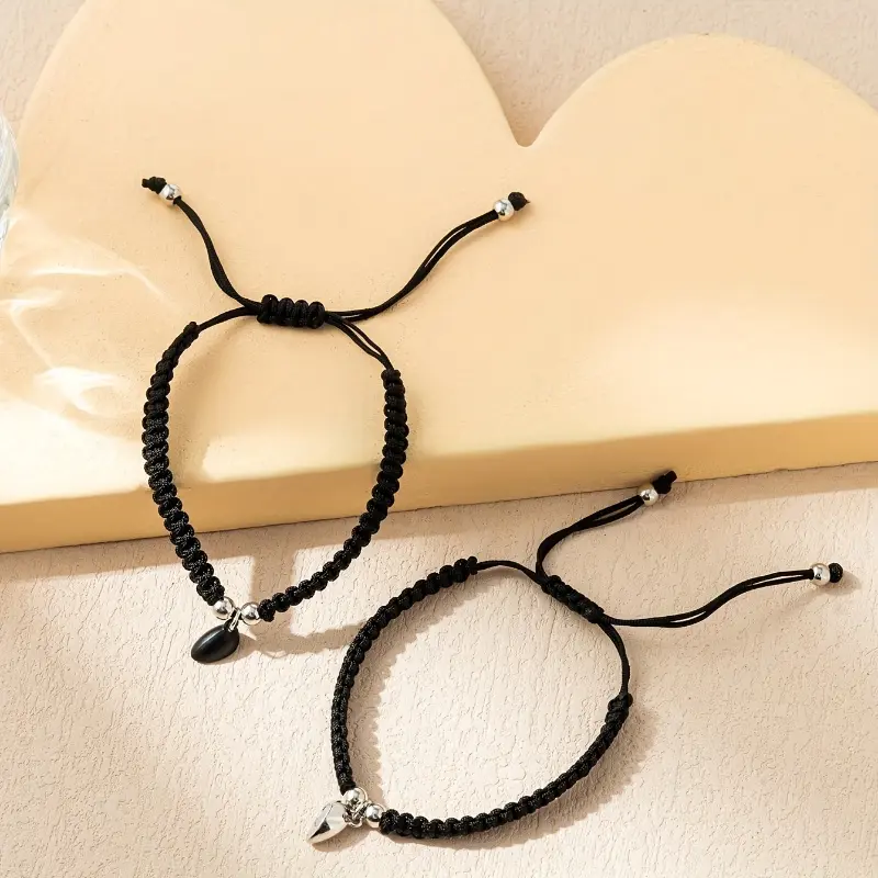2pcs Heart-shaped Combination Couple'S Hand Woven Adjustable Bracelet Set, Valentine'S Day Gift, Friendship Bracelet, Casual Vacation Bracelet 7