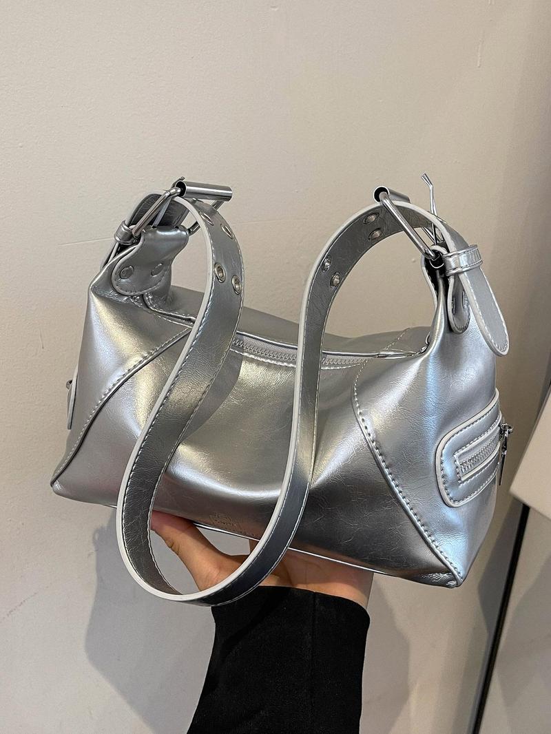 Product Introduction of Women's Elegant Solid Color Shoulder Bag, Fashionable Motorcycle Style Cool Girl Bag, Versatile Outing Bag, Retro Simple Casual Commuting Shoulder Bag 0