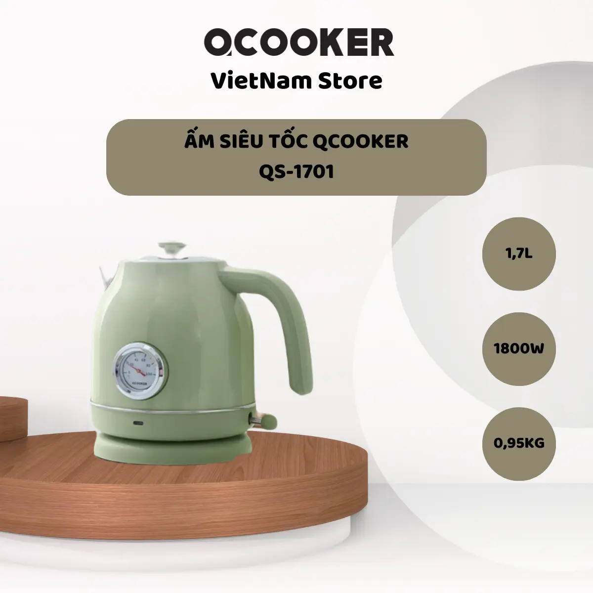 Ấm Đun Nước Siêu Tốc  Qcooker Phong Cách Retro Cao Cấp Có Hiển Thị Nhiêt Độ Ấm Siêu Tốc Bình Đun Nước