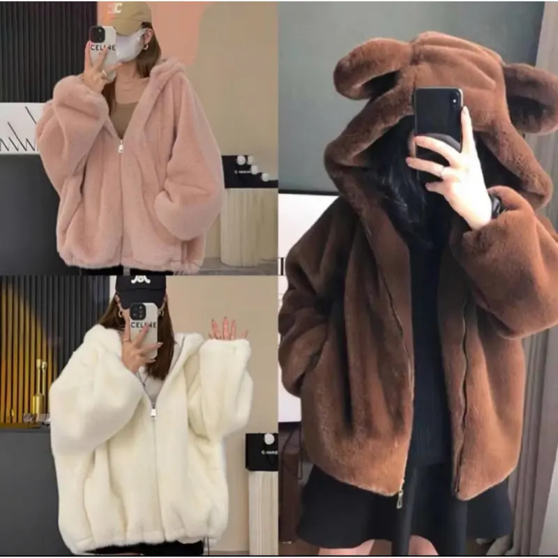 Áo Lông Có Mũ Tai Gấu 2 Lớp Trùm Đầu, Áo Khoác Lông Có Tai Chất Lông Mượt Fom Rộng Thời Trang Nam Nữ 6
