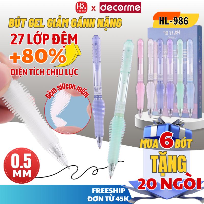 Set 6 bút tặng 20 ngòi bút gel giảm gánh nặng HL986 mực đen 0.5mm viết êm Decorme chọn đúng phân loại
