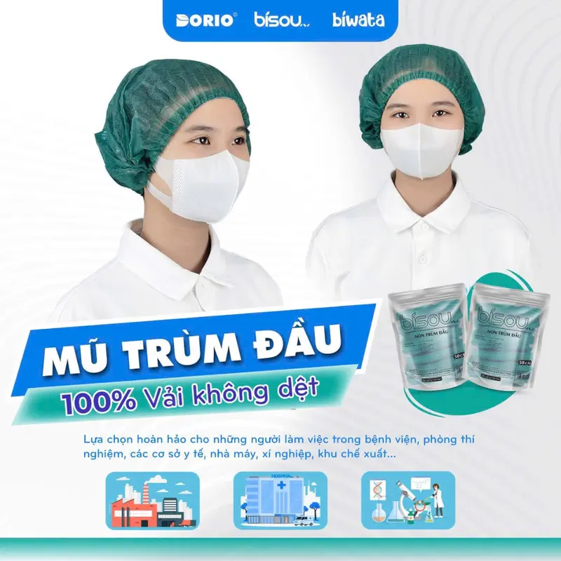 Combo 100 cái Mũ trùm y tế, nón con sâu Bisou 21cm 4