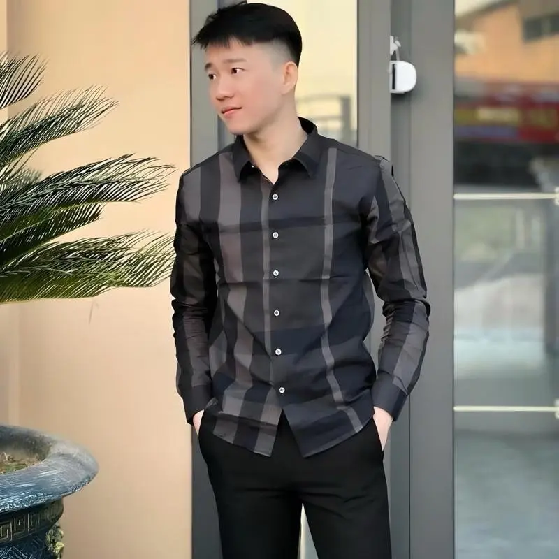 áo sơ mi nam BEBER màu nâu đen sọc caro thời thời trang chất vải cotton quảng châu mẫu xu hướng Menswear Shirt