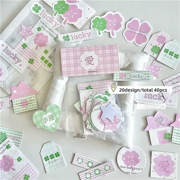 Pelekat Pengedap Bulat Pelekat Diri Semanggi Empat Daun Bertuah, 40pcs, Sesuai untuk Bahan Pembungkusan Kad Foto dan Jurnal, Pelekat Dekor