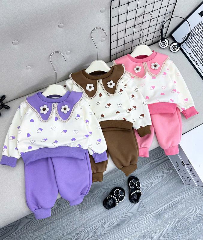 Bộ quần áo dài tay thu đông, chất liệu NỈ dày họa tiết  hoa CỔ bèo cho bé gái size 6-16kg