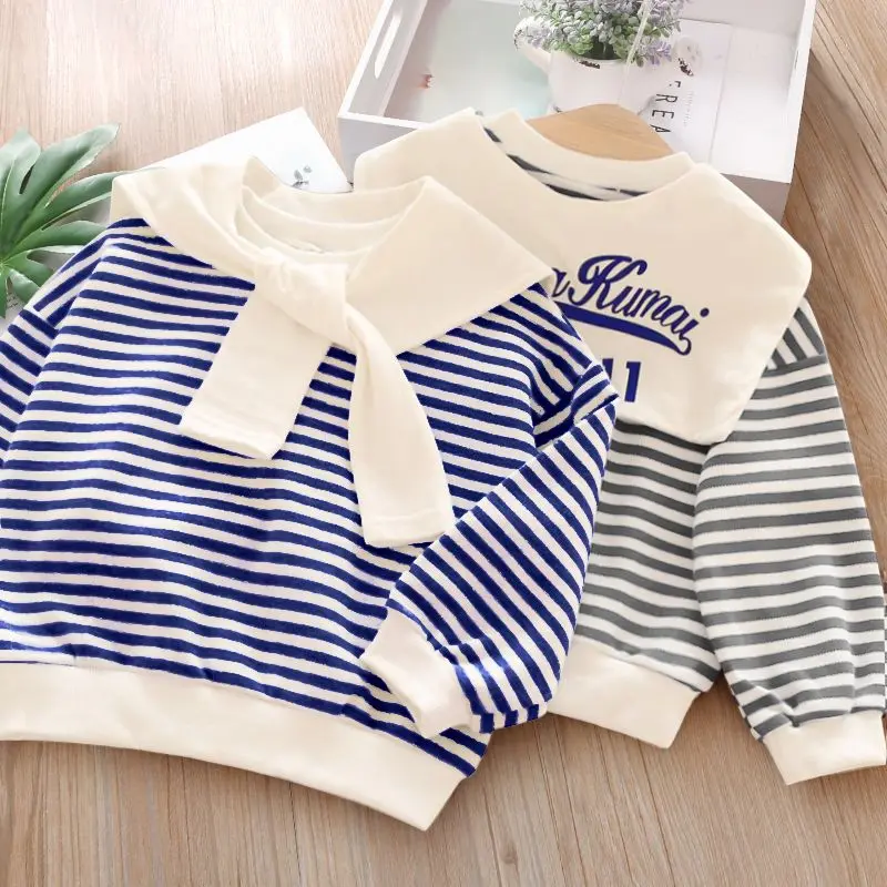 Áo Thun Trẻ Em, Quần Áo Mùa Thu, Áo Len, Phong Cách Hàn Quốc Mới, Dành Cho Bé Gái Và Bé Trai, Thời Trang, Sọc, Dễ Phối Đồ, Thích Hợp Cho Mùa Xuân Và Mùa Thu, Áo, 2024