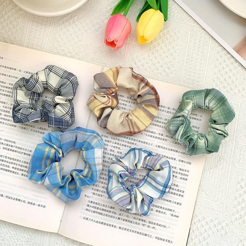 Scrunchie Retro Ikat Rambut Plaid Vintage Retro Hijab Wanita Korea Import 7