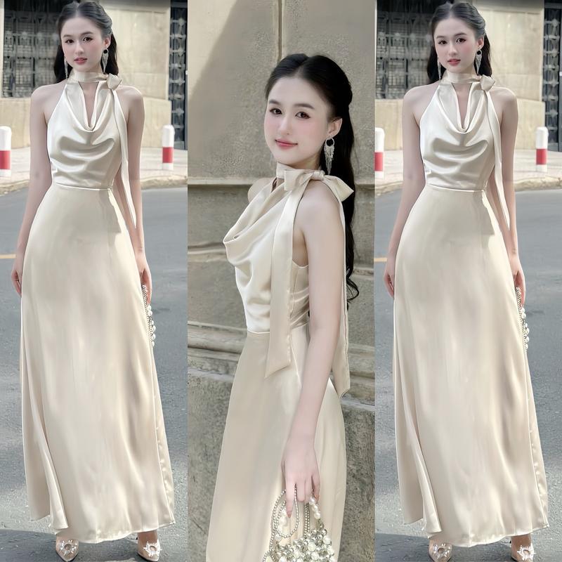 ( KÈM DÂY CỘT NƠ MẶC NHIỀU KIỂU) - Váy LỤA CỔ ĐỖ KÍN LƯNG DÁNG DÀI Chất Lụa Mềm Mịn Lót Đúp Full  Phong Cách Sang Trọng Nhẹ Nhàng Dành Cho Nữ Đi Tiệc - TUONGVY90 Dress Kem Women Voi Sen