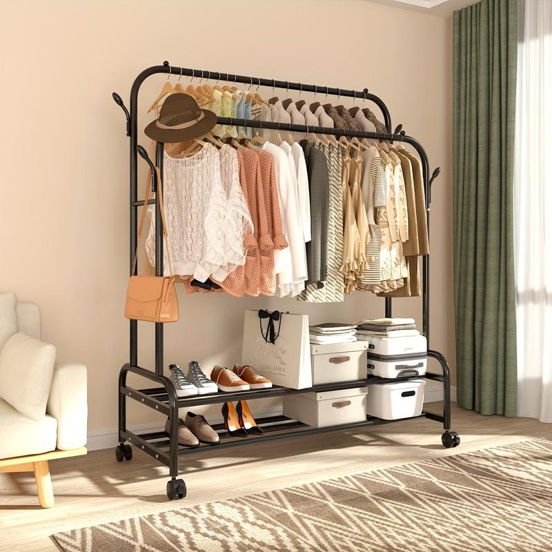 Sturdy Metal Double Rodding Clothes Rack With Wheels, Portable Clothing ...