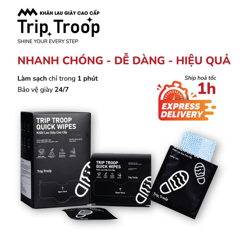 HỘP TO - Khăn lau giày du lịch không cồn Trip Troop - Vệ sinh giày sneaker, giày da - Không bạc màu giày - Không hại da tay - Hương thơm nha đam dễ chịu - Đóng gói lẻ từng chiếc - Tiện dụng mang theo mọi lúc