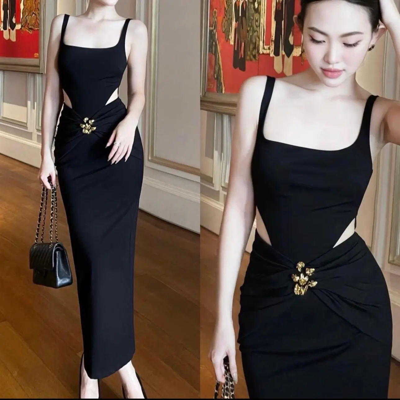 Váy thiết kế - Váy body 2 dây khoét eo đính khuy vàng sang chảnh  Nữ Dress 1002 Nhung Women