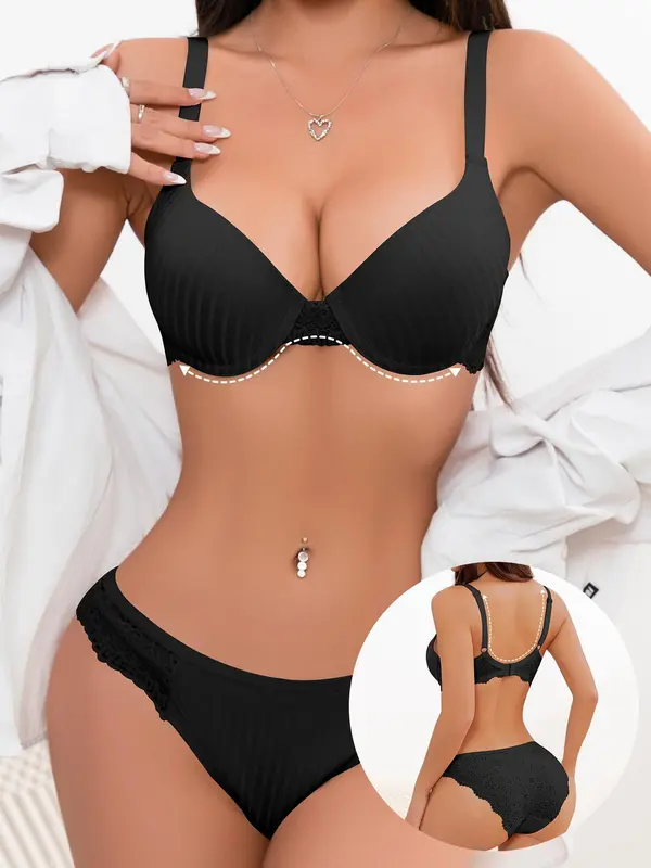 Women's Solid Adjustable Strap Lace Bra & Panty Two-Piece Set, Soft Comfy Breathable Lingerie Set for Daily Wear, Underwear Set for Women 5