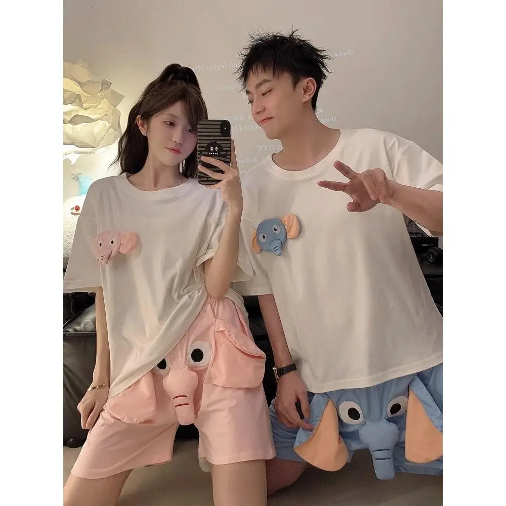 Đồ Ngủ Cặp Đôi, Quần Ngủ Voi Hoạt Hình Vui Nhộn Phong Cách Instagram, ngắn Tay Mùa Hè, Dành Cho Nam Và Nữ, Đồ Mặc Nhà Mỏng Và Rộng Rãi, Bộ Đồ Hai Mảnh
