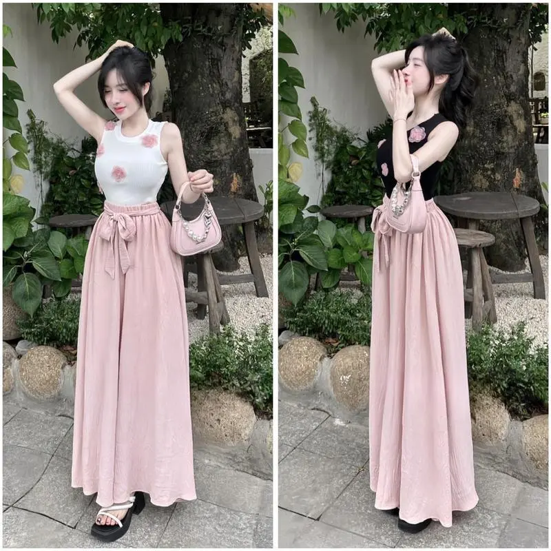Sét Bộ áo 3 Lỗ mix Hoa kèm Quần xuống dài ống rộng phối dây đai thắt nơ xinh xắn KMCloset cho nàng đi chơi sang chảnh thường đường thêu