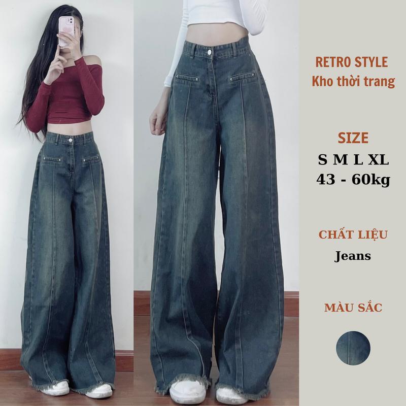 Quần jean dài ôm eo màu đậm quần bò ống rộng viền thô cổ điển kiểu quần dài ống đứng cạp cao Nữ Women