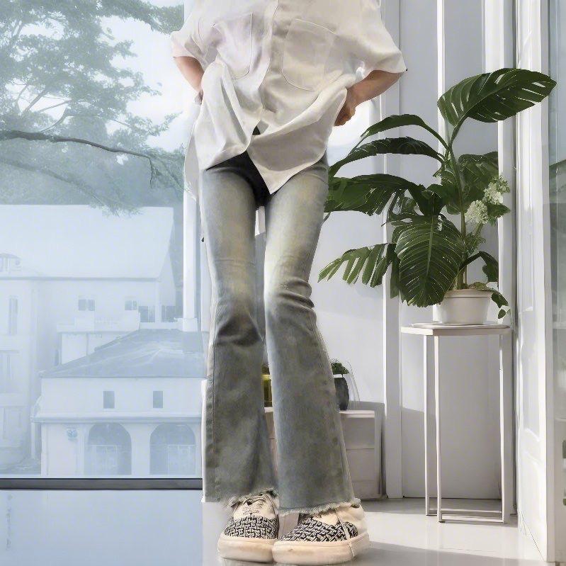 Quần jean ống loe màu xanh bạc mài đùi lưng cao dành cho NẤM LUN M55 Nữ Women 0