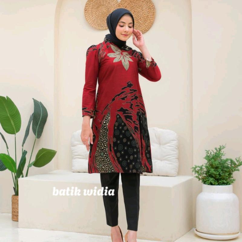 Tunik Batik Modern Wanita Lengan Panjang Puffy Shoulder Tunik Mustika By Batik Widia Katun Motif Seragam Kerja 2