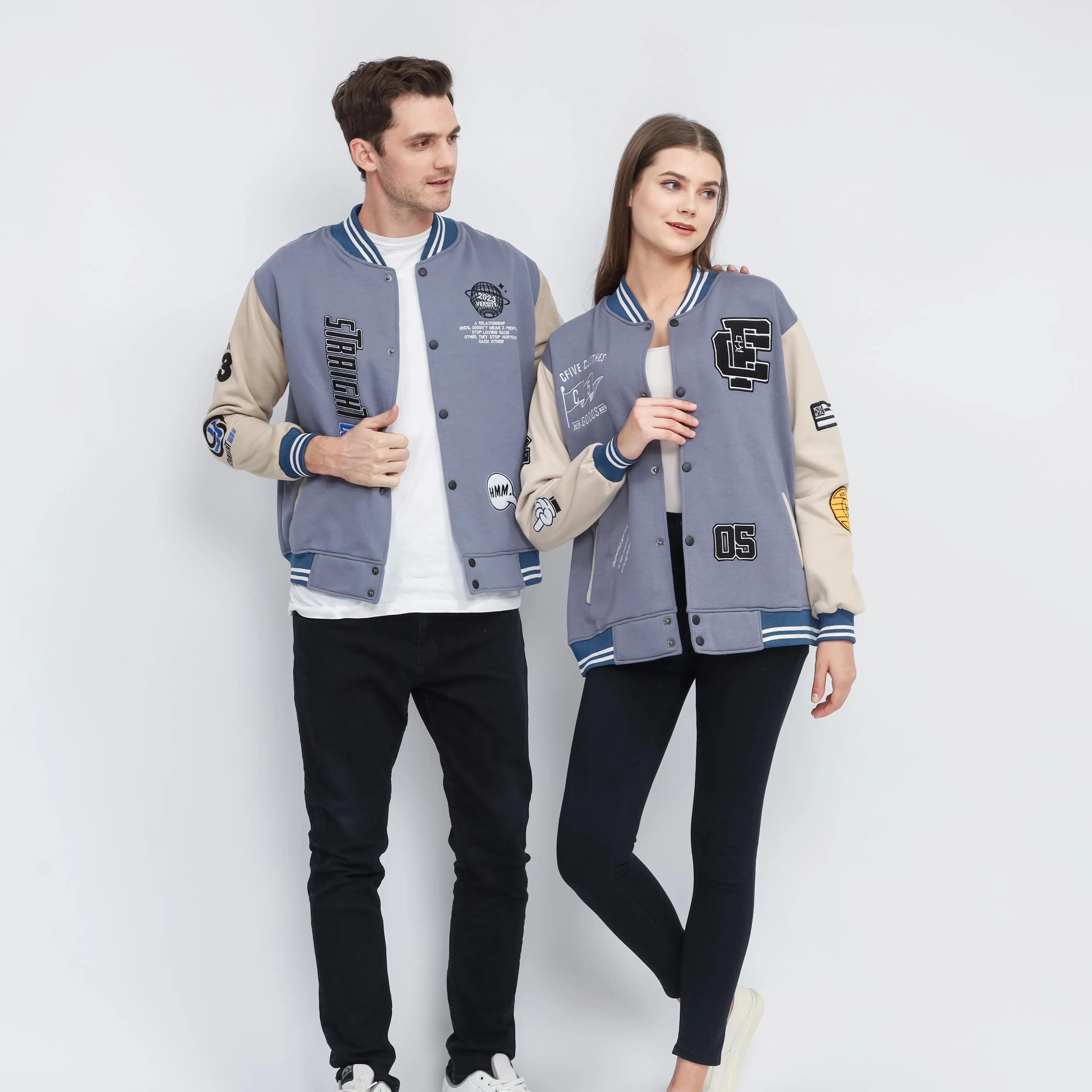 JAKET VARSITY DENIM COMBI CREAM  FLEECE TEBAL FULL BORDIR / VARSITY 05 FULL TAQ ORIGINAL / JAKET BASEBALL UNISEX