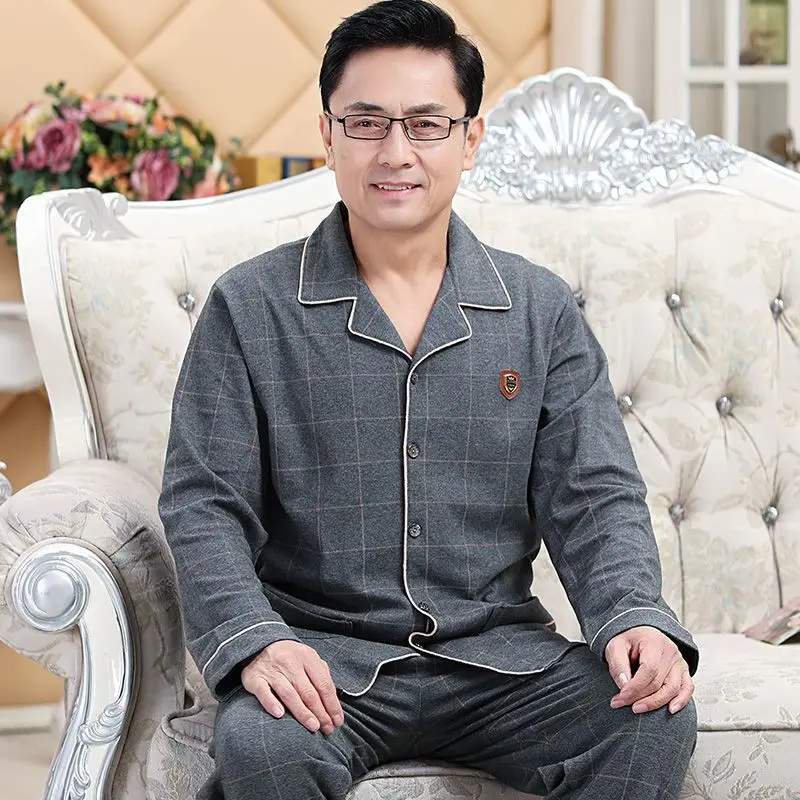 Bộ Đồ Ngủ Mùa Xuân Và Mùa Thu, Palando, Chất Liệu Cotton Nguyên Chất, Dành Cho Nam Giới, Áo Cardigan Dài Tay, Phong Cách Bố, Thích Hợp Cho Nam Trung Người Già Và Cao Tuổi, Đồ Mặc Nhà, Cỡ Lớn 5X