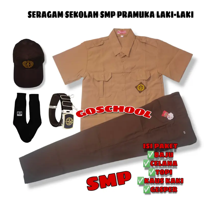 SETELAN SUPER LENGKAP SERAGAM PRAMUKA SEKOLAH SMP LAKI LAKI Baju Pendek  Celana Panjang Kelas 7-9 smp 0