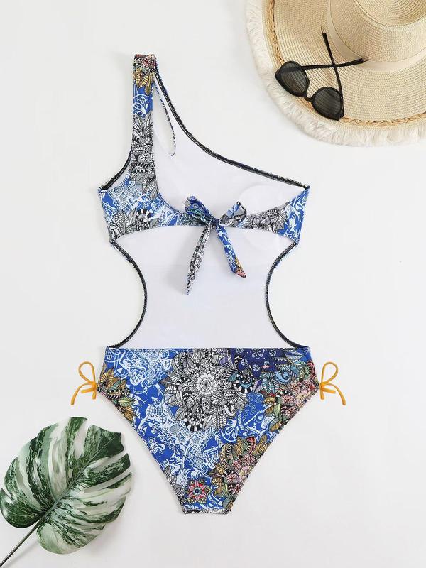 Women's Floral Print One Shoulder Tie Back Cut Out One-Piece Swimsuit, Boho Fashion Casual Swimwear for Beach Holiday Vacation, Ladies Swimsuit for All Seasons 4