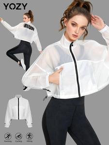 YOZY-GOOO Women's Letter Print Sheer Pocket Zip Up Crop Coat, Casual Long Sleeve Drawstring Stand Collared Cropped Jacket for Daily Wear, Ladies Clothes for All Seasons