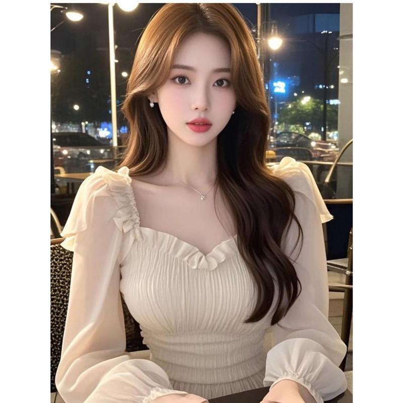 Áo Sơ Mi Dài Tay, Phong Cách Dễ Thương Và Gợi Cảm, Màu Mơ, Cổ Vuông, Xếp Nhún Tay Áo, Dành Cho Nữ, Hàng Mới Về Đầu Mùa Thu, Cỡ Nhỏ Mỏng, Hiệu Ứng Bó Sát Áo Ngắn 1