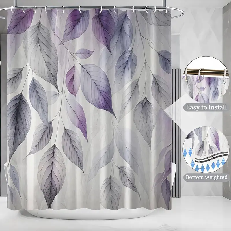 Leaf Print Shower Curtain Set, 1 Shower Curtain with 12 Hooks, 1 Toilet Lid Cover, 1 Rectangular Mat, 1 U-shaped Mat, Bathroom Decor Supplies 3