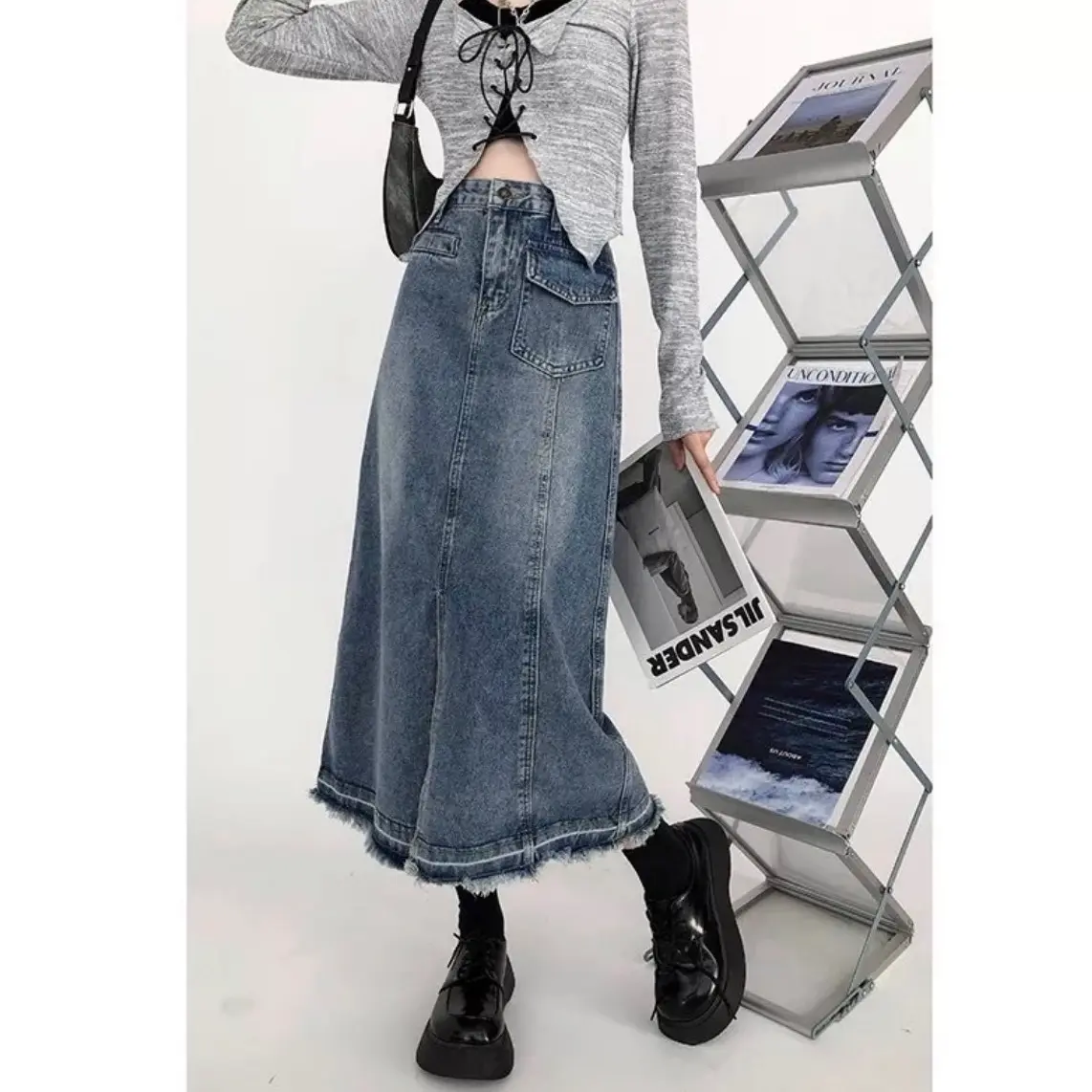 Chân váy jeans dáng dài xẻ trước Elyna Clothing