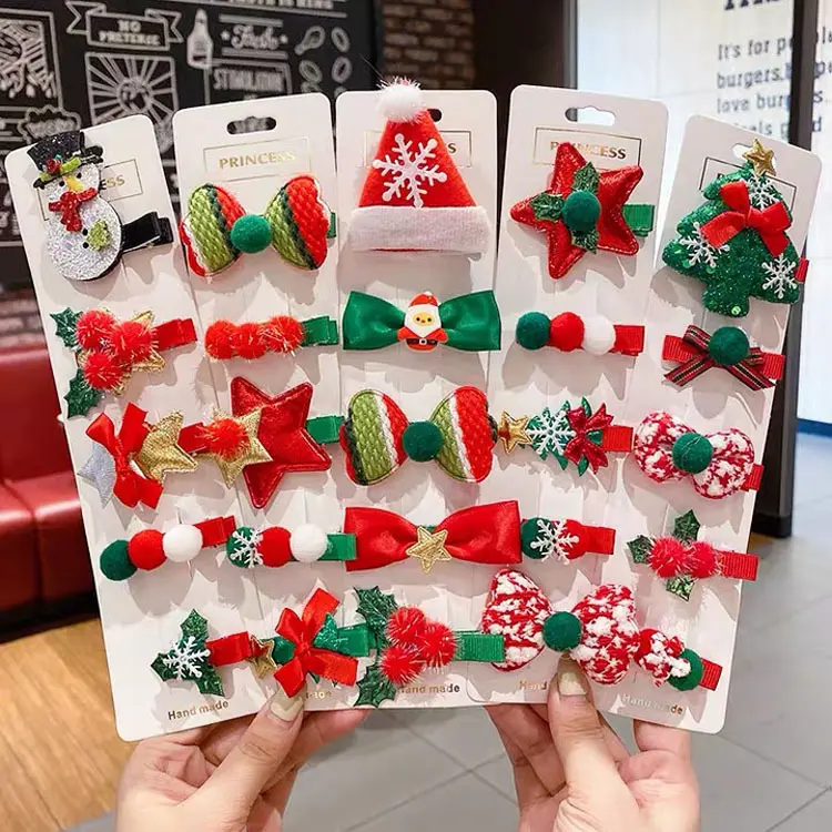 New hairpin lovely hairclip cute headgear cartoon fabric Christmas bow bell elk snowflake Christmas tree hairpin set