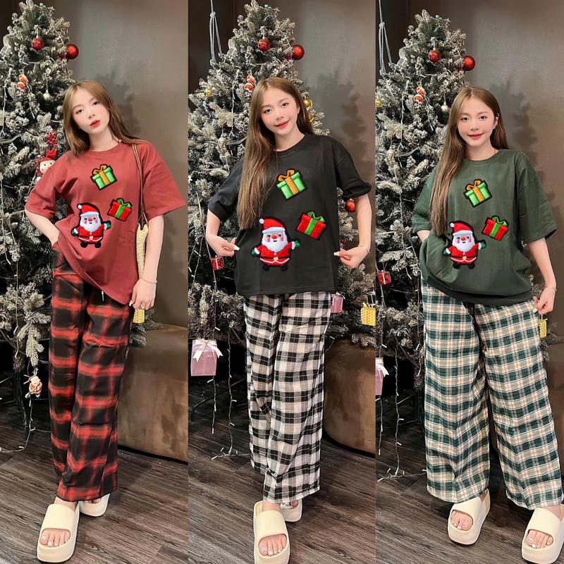 Set bộ đồ nữ đi chơi áo thun form rộng tay ngắn thêu ông già noel phối quần caro ống rộng dễ thương