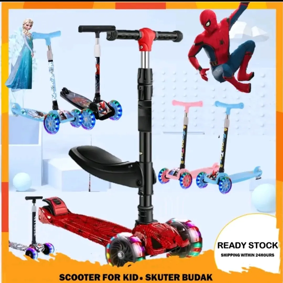 Skuter Budak Scooter for Kid Skuter Kid Kids Scooter Skuter Kanak-kanak LED Light Skuter Kartun Scooter with Seat Outdoor Toys