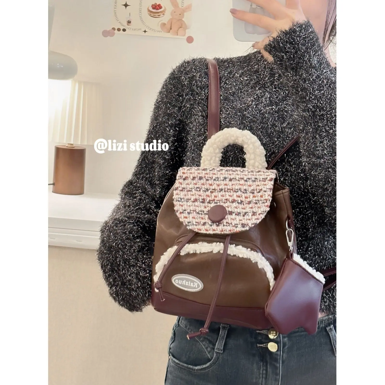 2025 Pear House Special-Interest Design Maillard Small Backpack Woolen Plaid Girl Backpack Autumn and Winter Cute Vintage Bag